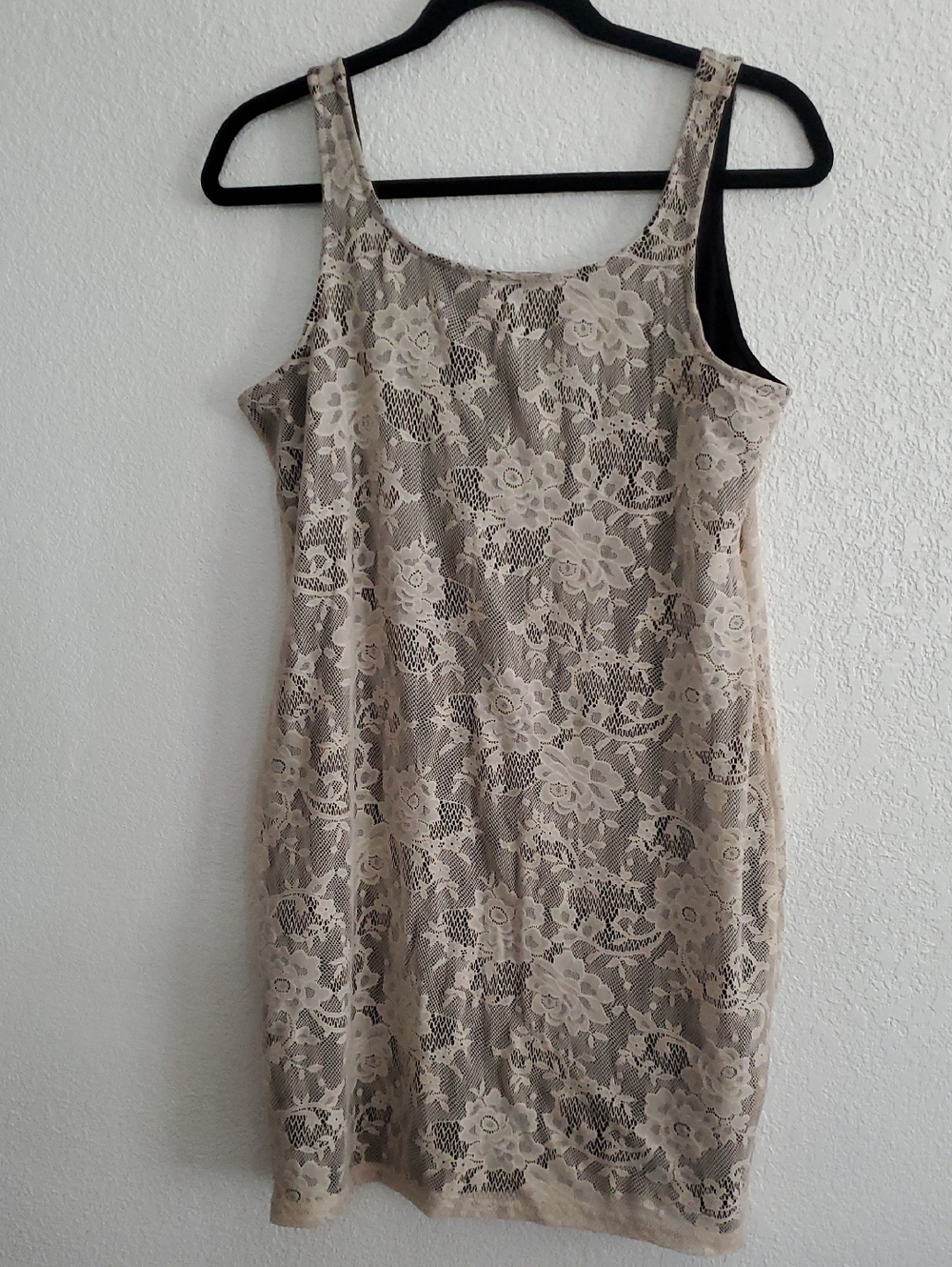 Sleeveless Beige Lace Overlay Dress - Women's